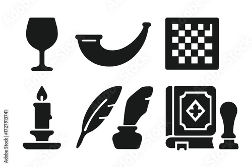 Baron Lifestyle Icons. Solid, filled icon set of baron lifestyle symbols: wine glass, hunting horn, chessboard, parchment, candle, feather quill, ornate book,