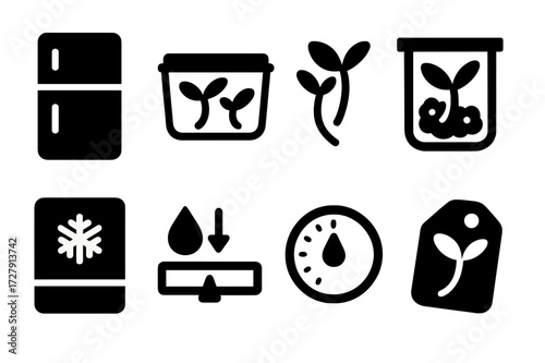 Bean Sprout Storage Icons. Solid, filled icon set of bean sprout storage: refrigerator, airtight container, plastic bag, shelf, freezer, humidity control,