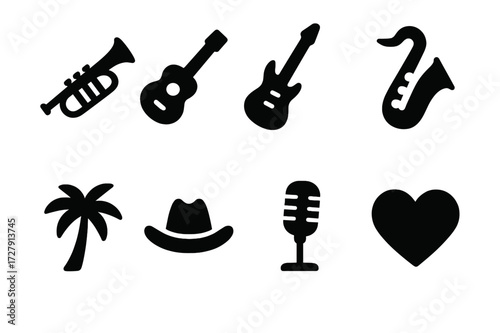 Jam Session Icons. Solid, filled icon set of jam session genres: jazz, blues, rock, funk, reggae, country, pop, soul. Solid, filled icons in only black color.