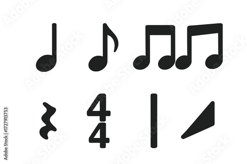 Music Notation Icons. Solid, filled icon set of rhythm notation: quarter note, eighth note, sixteenth note, triplet, rest symbol, time signature, measure bar,
