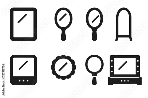 Mirror Icon Set. Solid, filled icon set of mirror types: wall mirror, hand mirror, makeup mirror, full-length mirror, compact mirror, bathroom