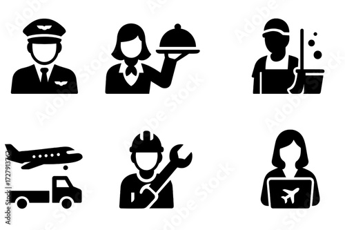Private Jet Icons. Solid, filled icon set of private jet services: pilot, flight attendant, catering service, cleaning crew, ground support, maintenance crew,
