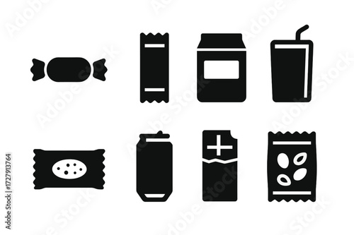 Packaged Snacks Icons. Solid, filled icon set of packaged snacks: candy wrapper, energy bar, snack box, juice pouch, biscuit pack, soda can, chocolate wrapper,