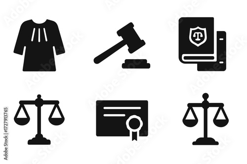 Court Icon Set. Solid, filled icon set of court-related symbols: judge?s robe, court hammer, courthouse pillars, legal books, law scales, certificate, jury