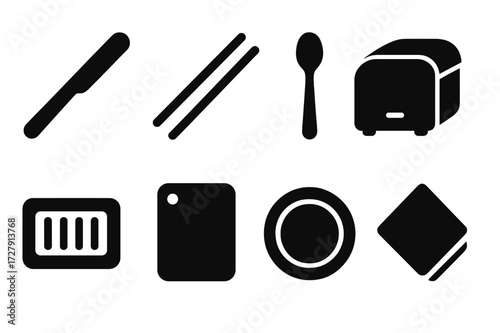 Toast Tool Icons. Solid, filled icon set of toast-related kitchen tools: butter knife, toaster tongs, jam spoon, bread box, toaster tray, cutting board, plate,