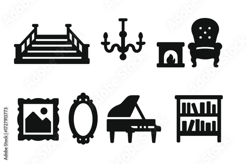 Estate Interiors Icons. Solid, filled icon set of estate interiors: grand staircase, chandelier, fireplace, antique chair, painting, ornate mirror, piano,