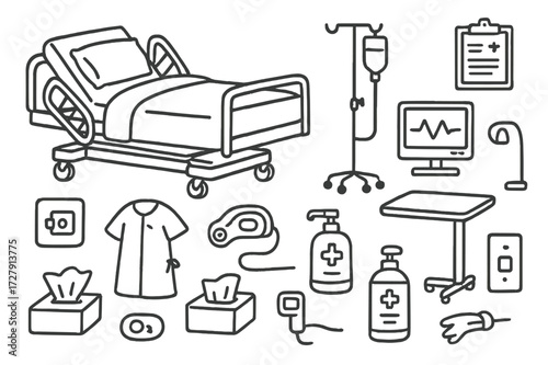 Hospital Essentials Doodle. Hand-drawn doodle illustration [hospital bed] [adjustable bed, control panel, side rail, IV stand, pillow, blanket, patient chart,