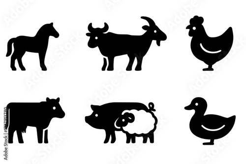 Harvest Animals Icons. Solid, filled icon set of harvest animals: horse, ox, goat, chicken, cow, pig, sheep, duck. [Line icons in only black color. All icons