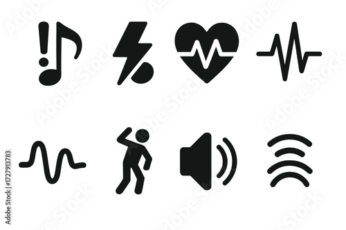 Rhythm Emotion Icons. Solid, filled icon set of rhythm emotions and effects: excitement, energy, heartbeat, pulse, flow, groove, dance, vibration. Solid,