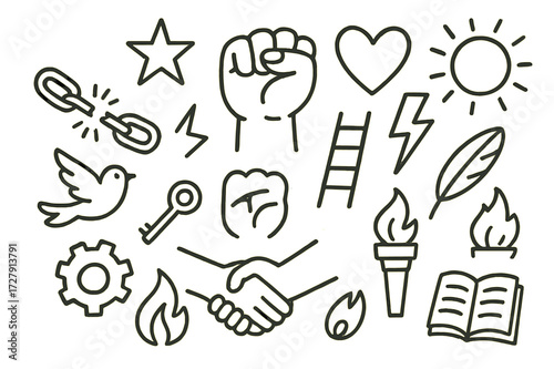 Overcoming Challenges Doodle. Hand-drawn doodle illustration Overcoming struggles broken chain links, fist, star, heart, lightning bolt, ladder, feather, bird,