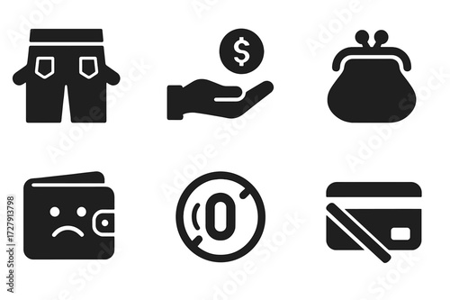 Cashless Icon Set. Solid, filled icon set of cashless pockets: empty jeans pockets, broken wallet, no cash hand, empty coin purse, sad wallet, zero balance, no