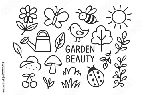 Garden Doodle Icons. Hand-drawn doodle illustration Garden beauty flower, butterfly, bee, bird, leaf, watering can, sun, cloud, mushroom, grass, tree, ladybug,