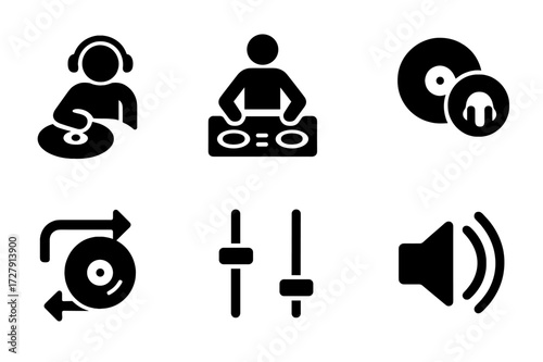 DJ Action Icons. Solid, filled icon set of DJ actions: scratching, mixing, beatmatching, cueing, looping, fading, crossfading, adjusting volume. Solid, filled