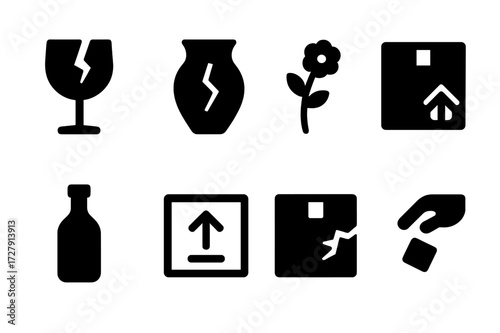 Fragile Icon Set. Solid, filled icon set of fragile: broken glass, cracked vase, delicate flower, fragile box, glass bottle, fragile sign, fragile package,