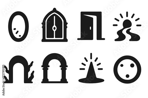Mystical Threshold Icons. Solid, filled icon set of spiritual and mystical thresholds: portal, magic gate, glowing doorway, spirit path, energy barrier,