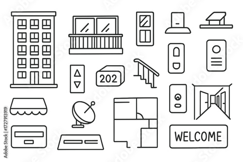 Modern High-Rise Doodles. Hand-drawn doodle illustration [modern high-rise apartments] [balcony, window panes, rooftop, doorbell, intercom, elevator panel,