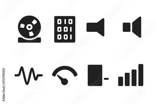 Audio Signal Icons. Solid, filled icon set of recording signal types: analog, digital, mono, stereo, waveform, decibel meter, noise gate, equalizer. Solid,