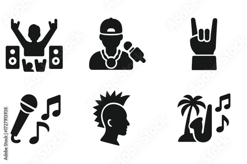 Music Genre Icons. Solid, filled icon set of loud music genres: rock concert, hip-hop, electronic dance, heavy metal, pop music, punk rock, reggae, jazz