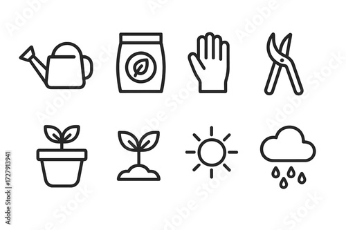 Plant Care Icons. Outline icon set of plant care: watering can, fertilizer bag, garden gloves, pruning shears, plant pot, sprout, sun, rain cloud. Line icons