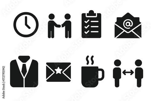 Polite Workplace Icons. Solid, filled icon set of polite workplace behavior: punctuality, respectful handshake, meeting agenda, email etiquette, dress code,