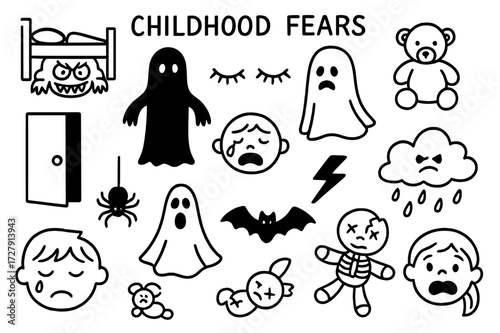 Childhood Fears Doodle. Hand-drawn doodle illustration Childhood fears [monster under bed, shadow figure, teddy bear, blanket, closed eyes, crying face, door