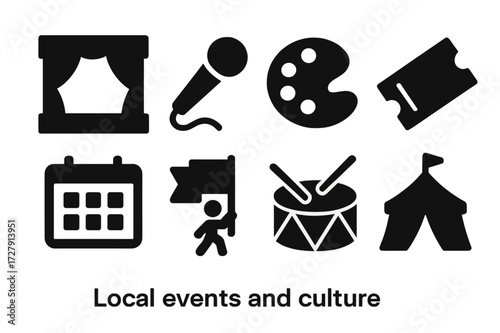 Cultural Event Icons. Solid, filled icon set of local events and culture: stage, microphone, art palette, ticket, calendar, parade flag, drum, festival tent.