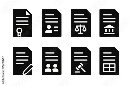 Legal Documents Icons. Solid, filled icon set of legal documents: contract, affidavit, subpoena, legal brief, power of attorney, deposition, summons, petition.