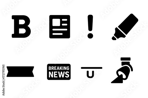 Headline Icon Grid. Solid, filled icon set of headline icons: bold text, newspaper headline, exclamation mark, highlight, underline, news banner, breaking