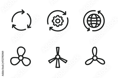 Rotating Icons Outline. Outline icon set of rotation: circular arrows, refresh icon, spinning gear, rotating globe, fan blades, windmill, clock