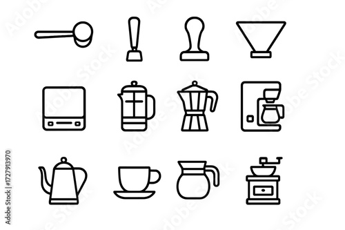 Coffee Accessory Icons. Coffee accessories. Line icon set of coffee accessories: coffee scoop, milk frother, espresso tamper, coffee filter, coffee scale,