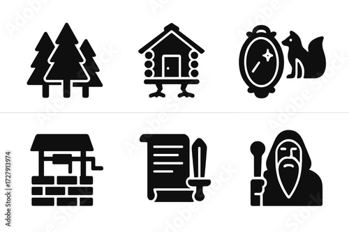 Slavic Folk Tale Icons. Solid, filled icon set of Slavic folk tales: magical forest, enchanted hut on chicken legs, magical mirror, talking animals, sacred