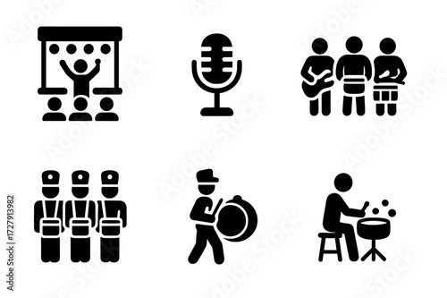 Performance Settings Icons. Solid, filled icon set of tuning key performance settings: live concert, studio recording, rehearsal, drum clinic, school band,