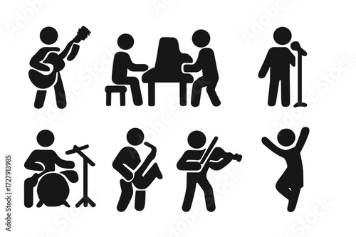 Solo Performance Icons. Solid, filled icon set of solo performance: guitar solo, piano solo, vocal solo, drum solo, saxophone solo, violin solo, trumpet solo,