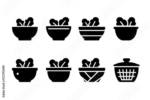 Salad Bowl Icons. Solid, filled icon set of salad bowls: ceramic bowl, glass bowl, wooden bowl, plastic bowl, metal bowl, disposable bowl, bamboo bowl, salad
