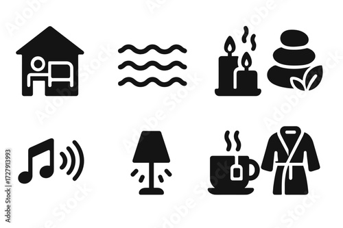 Massage Icon Set. Solid, filled icon set of massage settings: spa room, calm water, scented candles, zen stones, relaxing music, soft light, herbal tea, cozy