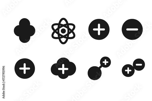 Ion Structure Icons. Solid, filled icon set of ion structure: atomic nucleus, electron orbit, proton, neutron, ion charge, ion cloud, molecular ion, ionic