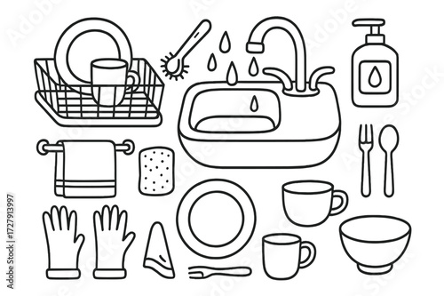 Kitchen Cleaning Doodle. Hand-drawn doodle illustration Washing and drying station [dish rack, sink, faucet, soap bottle, brush, sponge, towel, plate, cup,