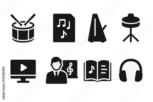 Marching Drum Icons. Solid, filled icon set of marching drum education: drum lesson, sheet music, metronome, practice pad, video tutorial, instructor, music