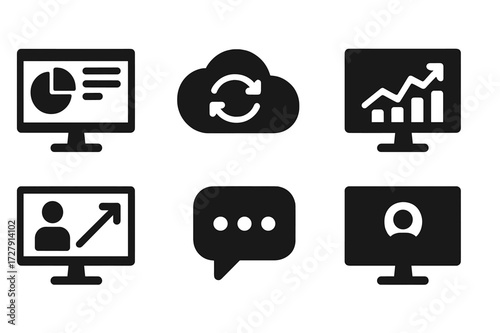 Digital Tools Icon Set. Solid, filled icon set of digital presentation tools: software, cloud, data sync, analytics, virtual meeting, screen share, chat,