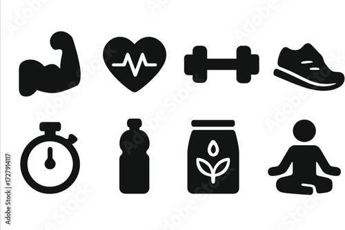 Physical Performance Icons. Solid, filled icon set of physical performance: muscle, heartbeat, dumbbell, running shoe, stopwatch, water bottle, nutrition, yoga