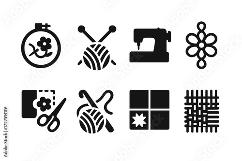 Lace Craft Icons. Solid, filled icon set of lace-related crafts: embroidery, knitting, sewing, tatting, applique, crochet, quilting, weaving. Solid, filled