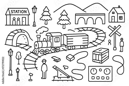 Miniature Train World. Hand-drawn doodle illustration [model train setup] miniature train, tracks, station, tunnel, trees, street lamps, figurines, cargo box,