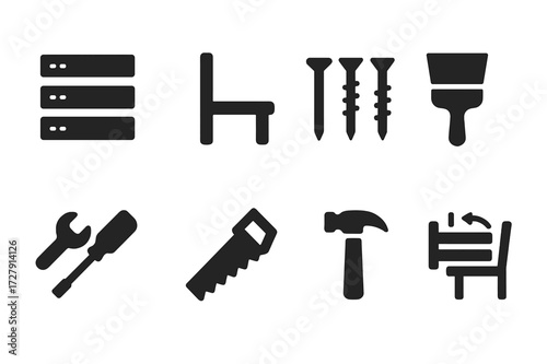 Bench Construction Icons. Solid, filled icon set of bench construction: wooden planks, metal frame, screws, paintbrush, wrench, saw, hammer, bench assembly.