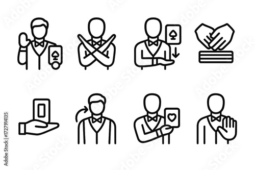 Dealer Signal Icons. Outline icon set of dealer signals: bet accepted, no bet, payout, shuffle, cut card, dealer change, card reveal, dealer pause. Line icons