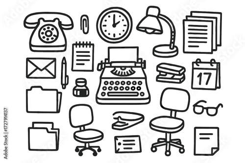 Retro Office Desk Icons. Hand-drawn doodle illustration Office Desk with Old Phone rotary phone, typewriter, notepad, pen, inkwell, paper stack, stapler, lamp,