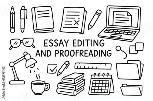 Essay Editing Essentials. Hand-drawn doodle illustration [Essay editing and proofreading] [pen, pencil, notebook, eraser, paper sheet, laptop, glasses, red pen