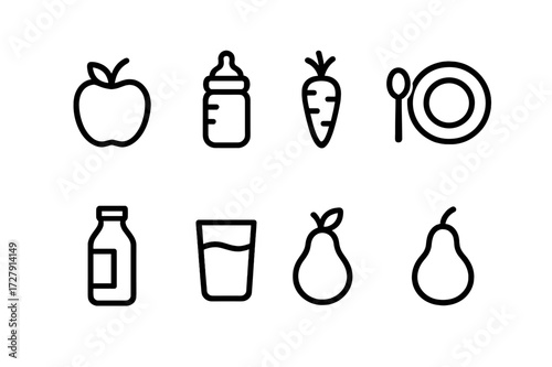 Raising Nutrition Icons. Outline icon set of nutrition in raising: apple, baby bottle, carrot, spoon, plate, milk, water glass, fruit. Line icons in only black