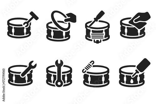 Snare Drum Icon Set. Solid, filled icon set of snare drum maintenance: tuning, head replacement, snare wire adjustment, cleaning, lug tightening,