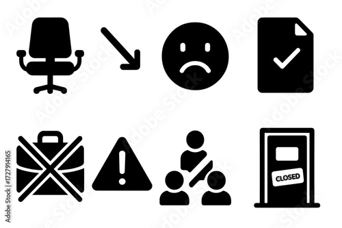 Layoff Icon Set. Solid, filled icon set of employee layoffs: empty chair, downwards arrow, sad face, termination letter, crossed briefcase, warning sign,