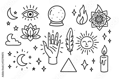 Mystic Doodle Elements. Hand-drawn doodle illustration [Mystic vision] [third eye, eye, crystal ball, mandala, flame, lotus, stars, moon, sun, aura, hand,